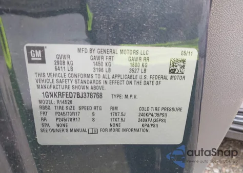 2011 Chevrolet Traverse Ls from USA, damaged, VIN 1GNKRFED7BJ378768